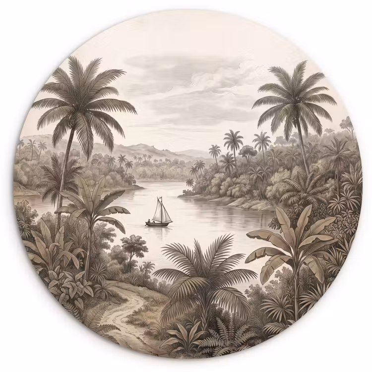 Landschap - Rivier - Boot - Tropisch - Vintage Wandcirkel kunststof plaat 5mm dik klein -3d