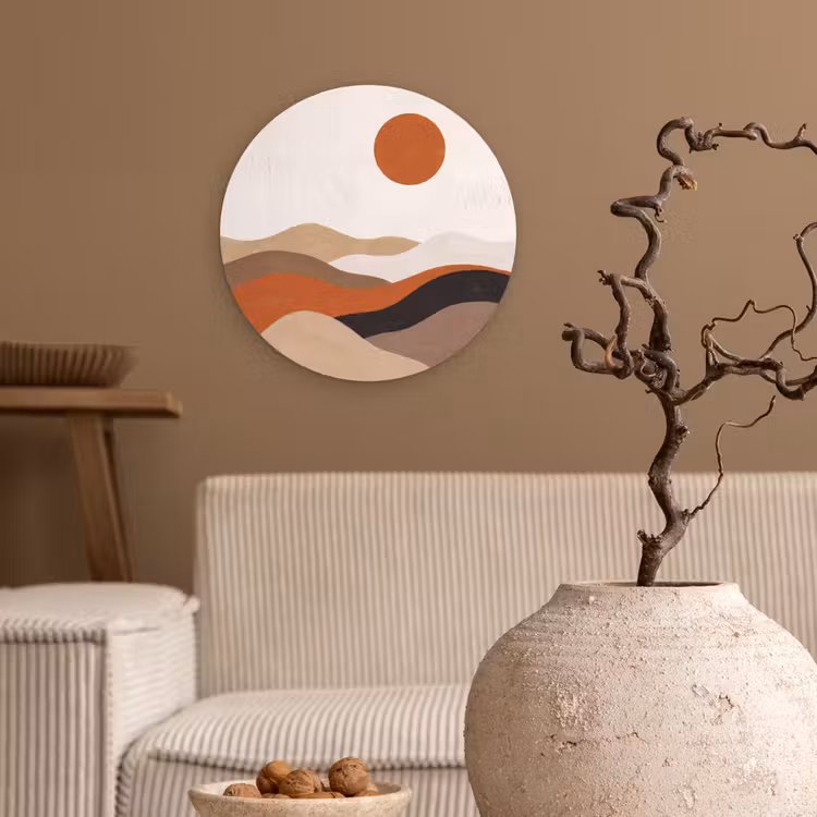 Landschap - Heuvels - Zon - Abstract - Oranje Wandcirkel kunststof plaat 5mm dik klein -sfeer1