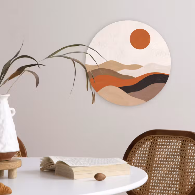 Landschap - Heuvels - Zon - Abstract - Oranje Wandcirkel kunststof plaat 5mm dik klein -sfeer4