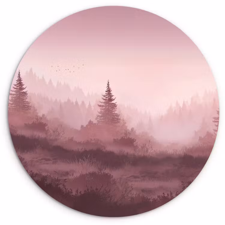 Landschap - Mistig - Roze Wandcirkel kunststof plaat 5mm dik klein -3d