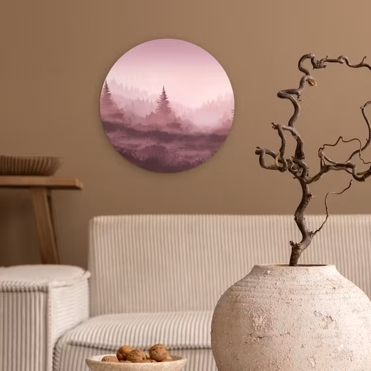 Landschap - Mistig - Roze Wandcirkel kunststof plaat 5mm dik klein -sfeer1