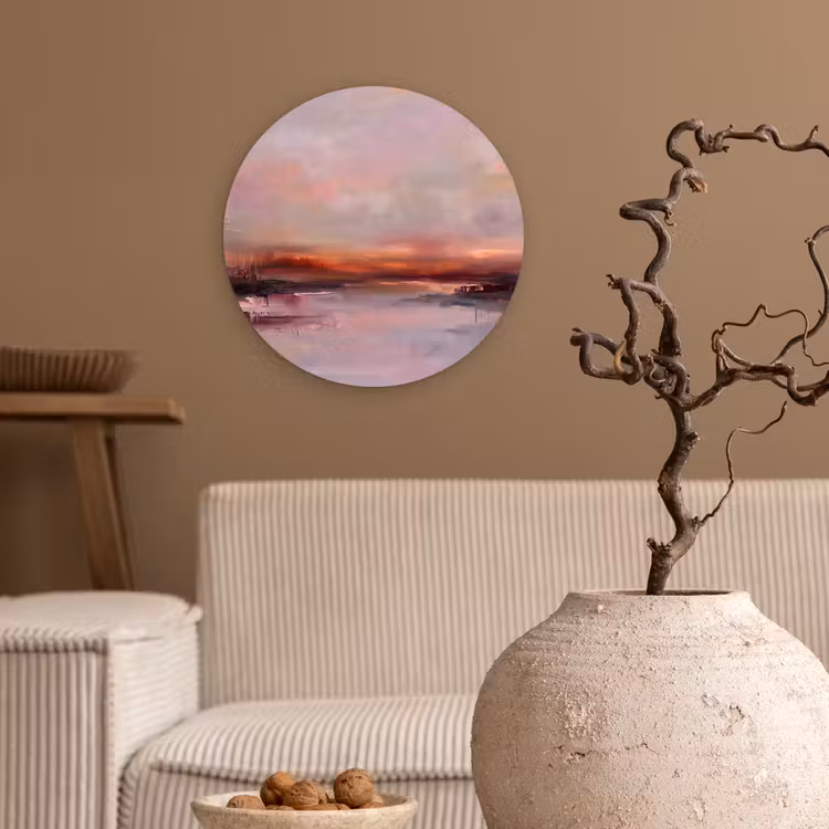Landschap - Zonsondergang - Abstract - Modern - Roze Wandcirkel kunststof plaat 5mm dik klein -sfeer1