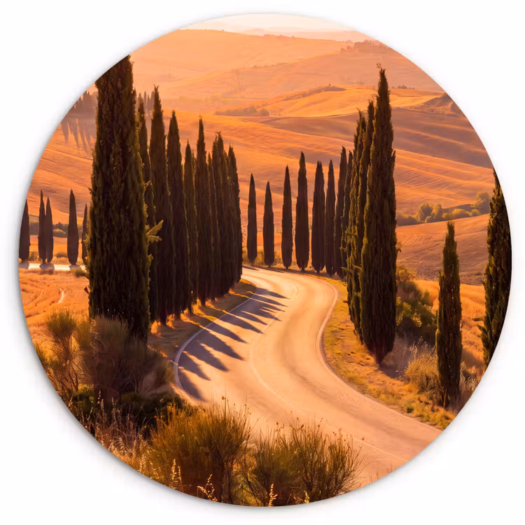 Landschap - Weg - Bomen - Natuur - Goud Wandcirkel kunststof plaat 5mm dik klein -3d