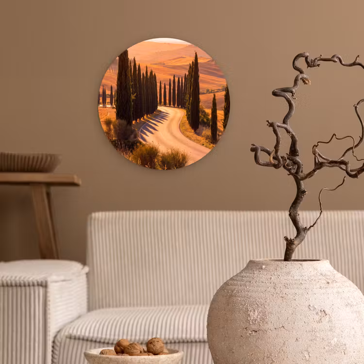 Landschap - Weg - Bomen - Natuur - Goud Wandcirkel kunststof plaat 5mm dik klein -sfeer1