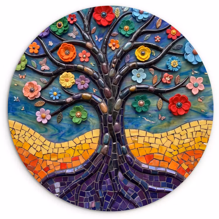 Levensboom - Mozaïek - Bloemen - Kleurrijk - Vrolijk Wandcirkel kunststof plaat 5mm dik klein -3d