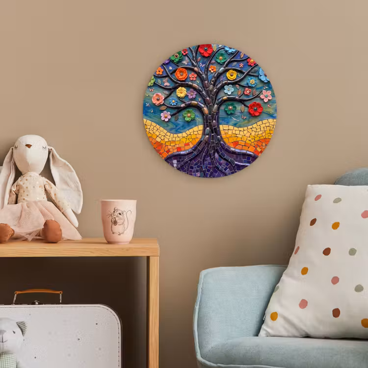 Levensboom - Mozaïek - Bloemen - Kleurrijk - Vrolijk Wandcirkel kunststof plaat 5mm dik klein -tsfeer1_kind