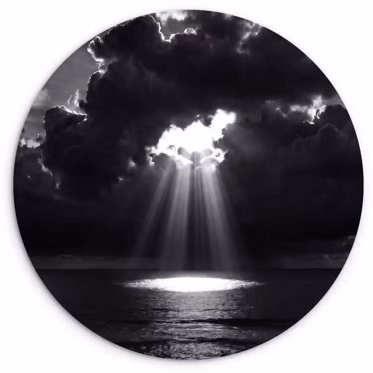Licht - Wolken - Zee - Zwart-wit - Natuur Wandcirkel kunststof plaat 5mm dik klein -3d