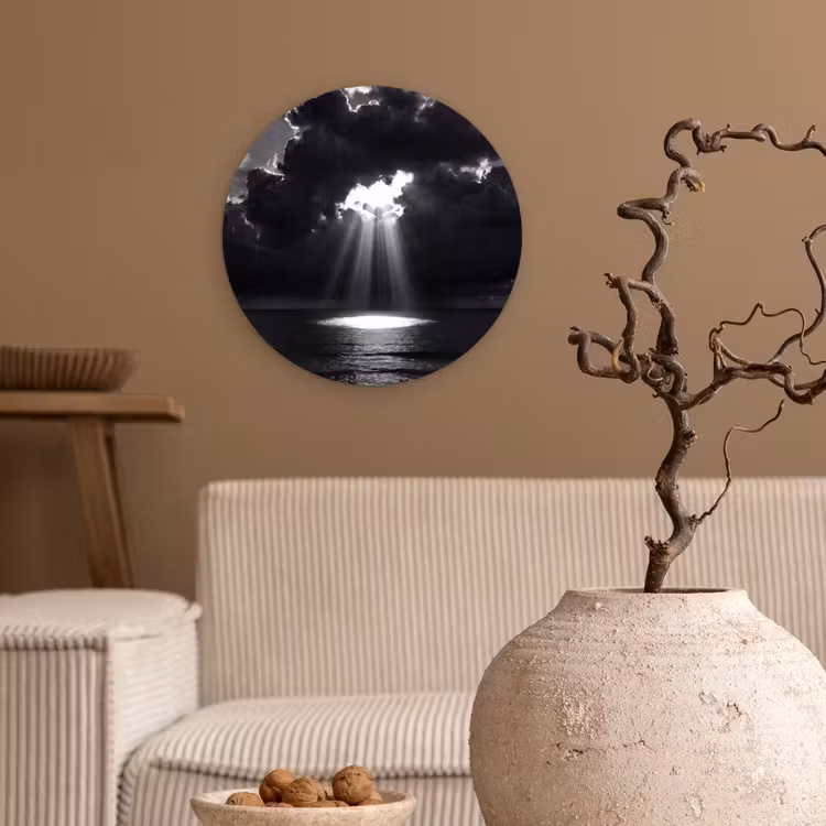 Licht - Wolken - Zee - Zwart-wit - Natuur Wandcirkel kunststof plaat 5mm dik klein -sfeer1