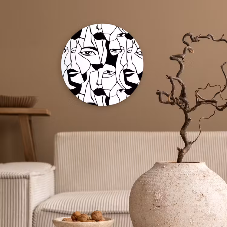 Lijnen - Gezichten - Zwart - Wit Wandcirkel kunststof plaat 5mm dik klein 188 -sfeer1