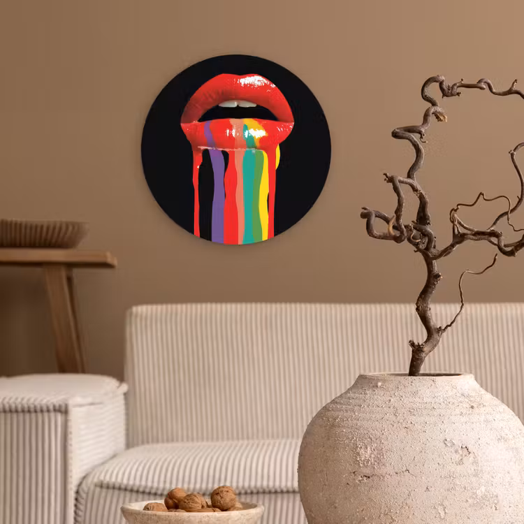 Lippen - Kleuren - Zwart Wandcirkel kunststof plaat 5mm dik klein -sfeer1