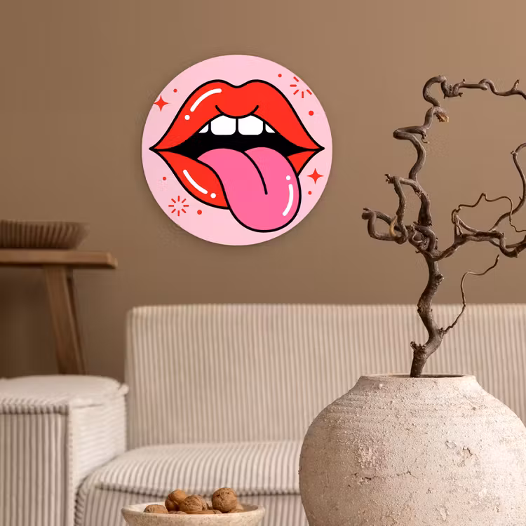 Lippen - Tong - Pop-art - Kleurrijk - Roze Wandcirkel kunststof plaat 5mm dik klein -sfeer1