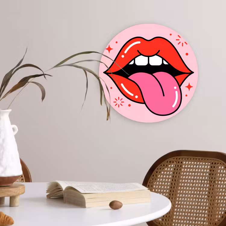 Lippen - Tong - Pop-art - Kleurrijk - Roze Wandcirkel kunststof plaat 5mm dik klein -sfeer4