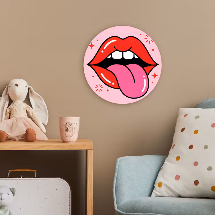 Lippen - Tong - Pop-art - Kleurrijk - Roze Wandcirkel kunststof plaat 5mm dik klein -tsfeer1_kind