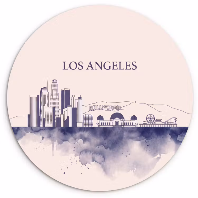 Los Angeles - Skyline - Architectuur - Aquarel - Blauw Wandcirkel kunststof plaat 5mm dik klein -3d