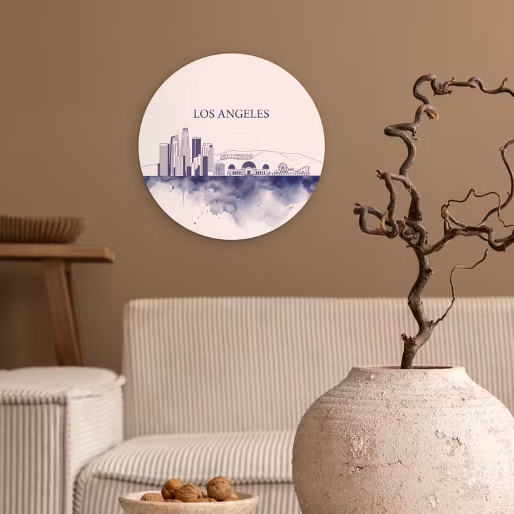 Los Angeles - Skyline - Architectuur - Aquarel - Blauw Wandcirkel kunststof plaat 5mm dik klein -sfeer1