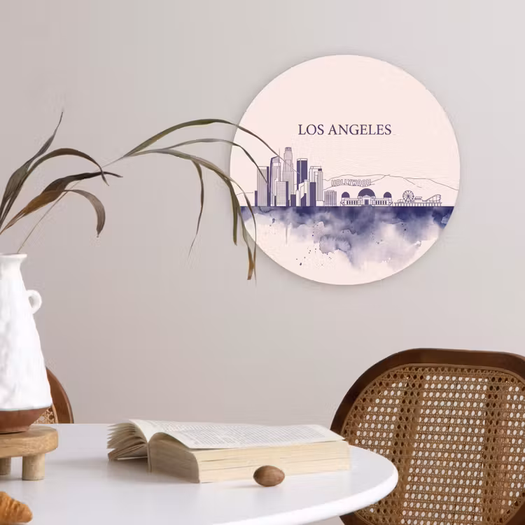 Los Angeles - Skyline - Architectuur - Aquarel - Blauw Wandcirkel kunststof plaat 5mm dik klein -sfeer4