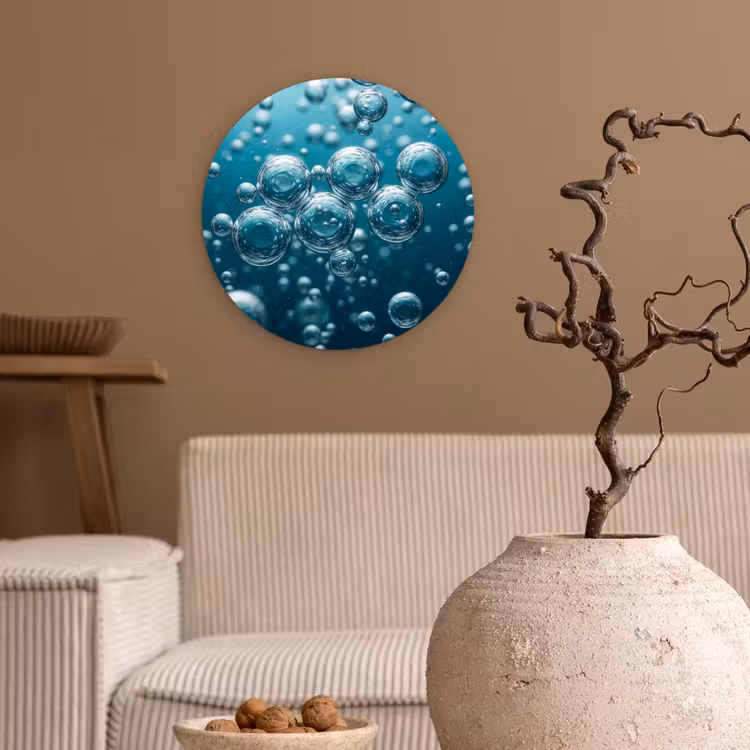 Luchtbellen - Dynamisch - Blauw Wandcirkel kunststof plaat 5mm dik klein -sfeer1