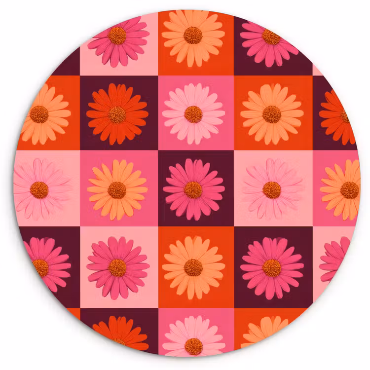Madeliefjes - Dambord - Retro - Roze - Oranje Wandcirkel kunststof plaat 5mm dik klein 188 -3d