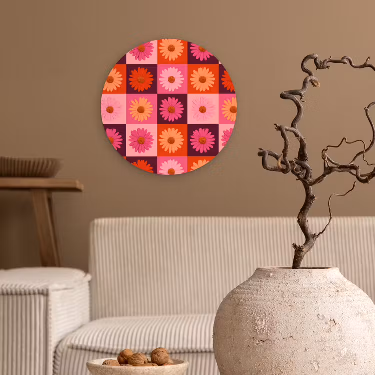 Madeliefjes - Dambord - Retro - Roze - Oranje Wandcirkel kunststof plaat 5mm dik klein 188 -sfeer1