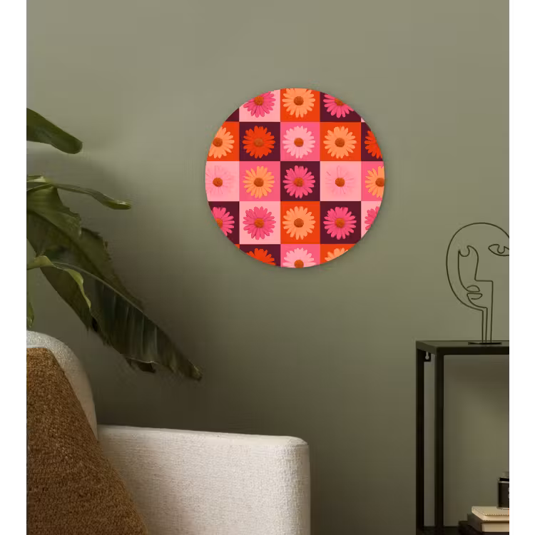 Madeliefjes - Dambord - Retro - Roze - Oranje Wandcirkel kunststof plaat 5mm dik klein 188 -sfeer3