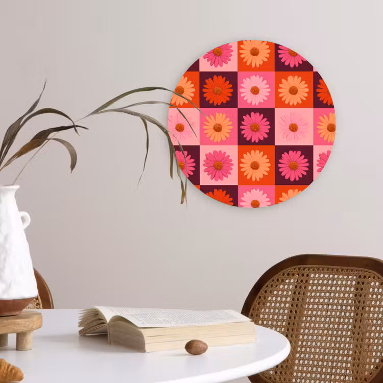 Madeliefjes - Dambord - Retro - Roze - Oranje Wandcirkel kunststof plaat 5mm dik klein 188 -sfeer4