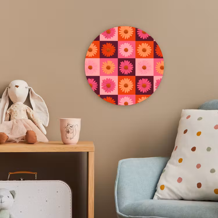 Madeliefjes - Dambord - Retro - Roze - Oranje Wandcirkel kunststof plaat 5mm dik klein 188 -tsfeer1_kind