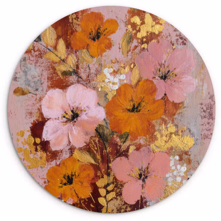 Schilderij - Bloemen - Rustiek - Roze Wandcirkel kunststof plaat 5mm dik klein -3d