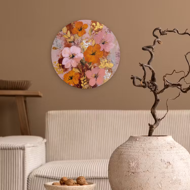 Schilderij - Bloemen - Rustiek - Roze Wandcirkel kunststof plaat 5mm dik klein -sfeer1