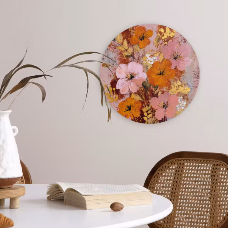 Schilderij - Bloemen - Rustiek - Roze Wandcirkel kunststof plaat 5mm dik klein -sfeer4