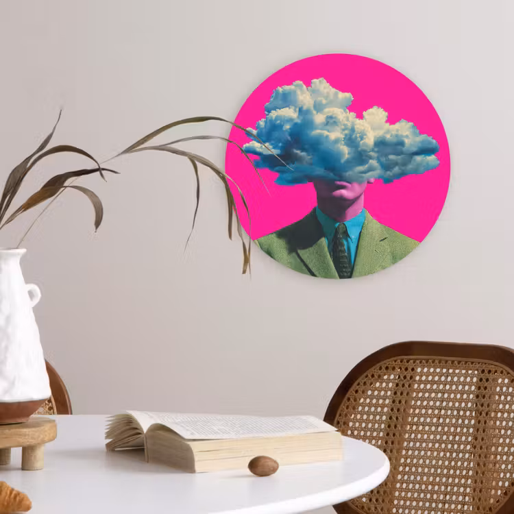 Man - Pak - Wolk - Roze Wandcirkel kunststof plaat 5mm dik klein -sfeer4