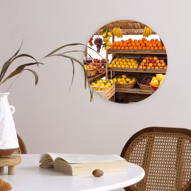 Forexbild Rund - Marktstand – Obst – Frisch - Marktkraam - Fruit - Vers Wandcirkel kunststof plaat 5mm dik klein
