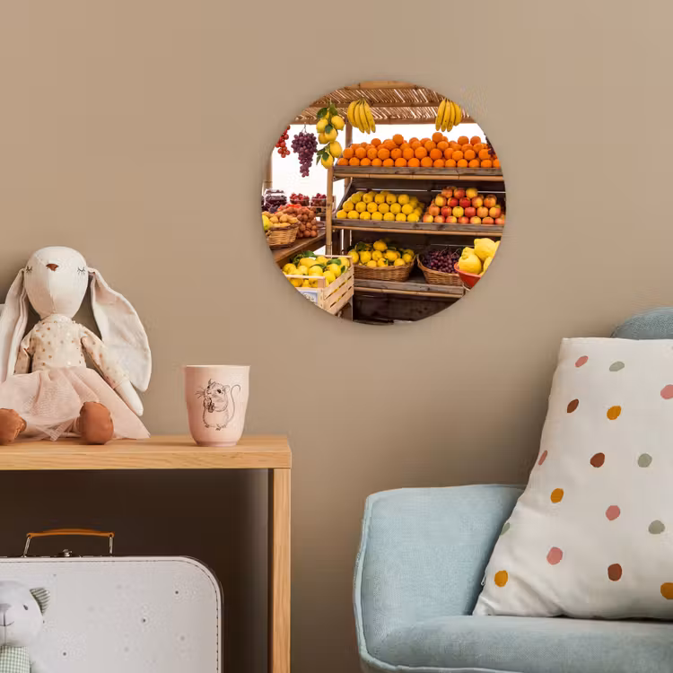 Forexbild Rund - Marktstand – Obst – Frisch - Marktkraam - Fruit - Vers Wandcirkel kunststof plaat 5mm dik klein