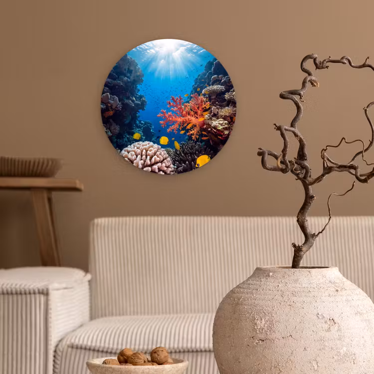 Zee - Koraalrif - Natuur - Levendig - Blauw Wandcirkel kunststof plaat 5mm dik klein -sfeer1