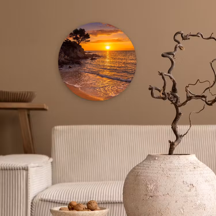 Zee - Kust - Zonsondergang - Natuur - Oranje Wandcirkel kunststof plaat 5mm dik klein -sfeer1