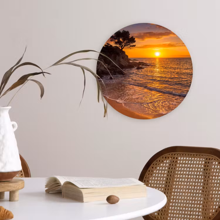 Zee - Kust - Zonsondergang - Natuur - Oranje Wandcirkel kunststof plaat 5mm dik klein -sfeer4