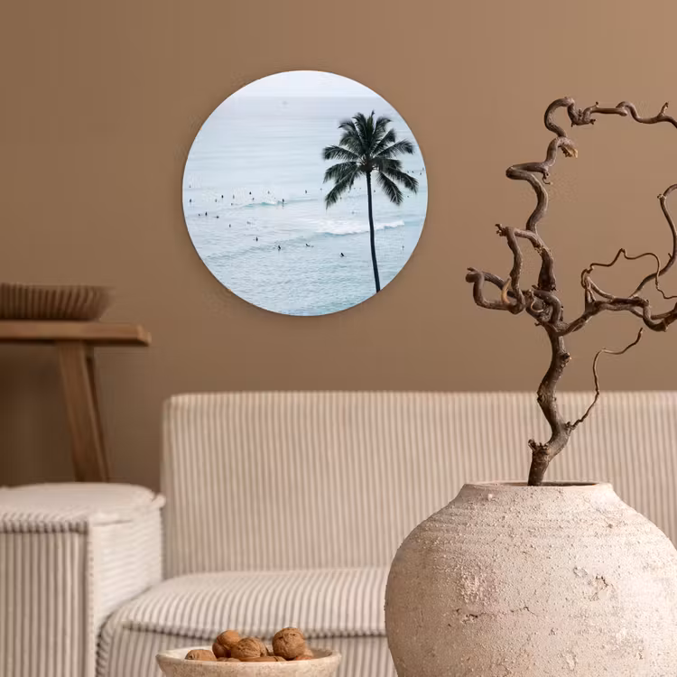Oceaan - Palmbomen - Surfers Wandcirkel kunststof plaat 5mm dik klein -sfeer1