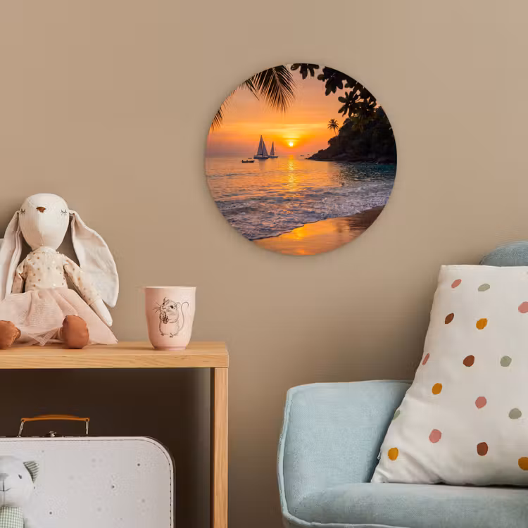 Zee - Zonsondergang - Boot - Natuur - Oranje Wandcirkel kunststof plaat 5mm dik klein -tsfeer1_kind