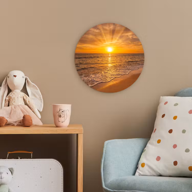 Zee - Zonsondergang - Golven - Kust - Oranje Wandcirkel kunststof plaat 5mm dik klein -tsfeer1_kind