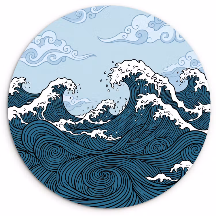 Zee - Golven - Japans - Natuur - Blauw Wandcirkel kunststof plaat 5mm dik klein -3d