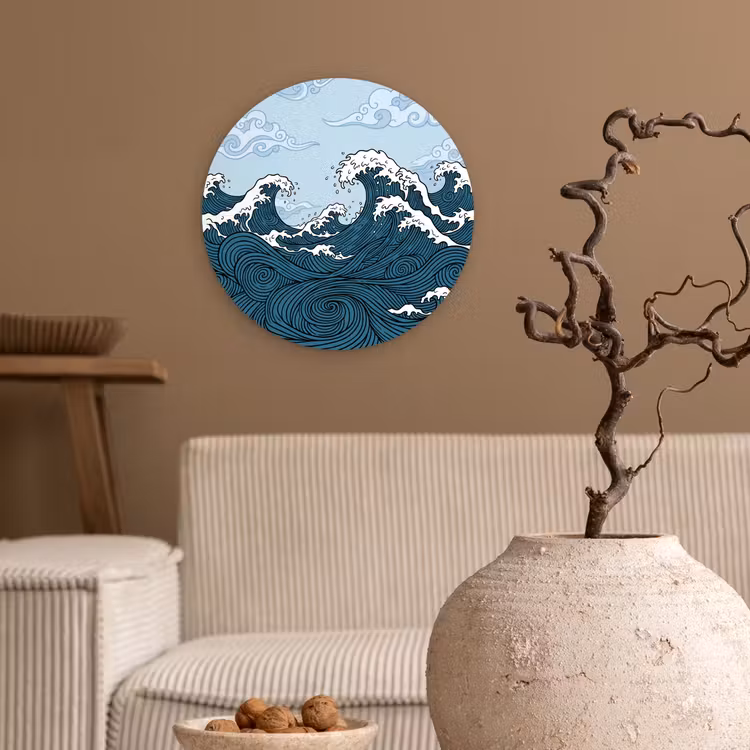 Zee - Golven - Japans - Natuur - Blauw Wandcirkel kunststof plaat 5mm dik klein -sfeer1