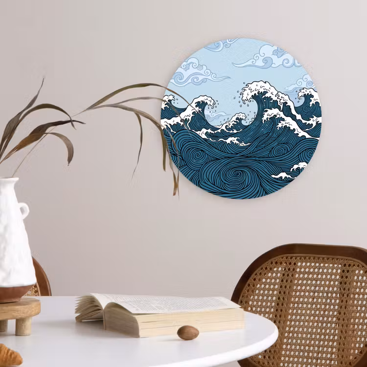 Zee - Golven - Japans - Natuur - Blauw Wandcirkel kunststof plaat 5mm dik klein -sfeer4