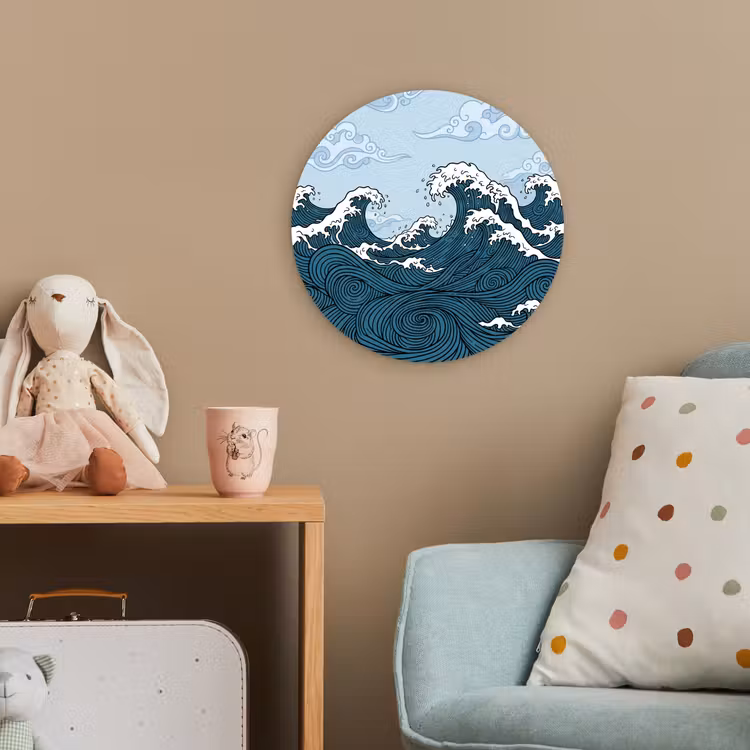 Zee - Golven - Japans - Natuur - Blauw Wandcirkel kunststof plaat 5mm dik klein -tsfeer1_kind