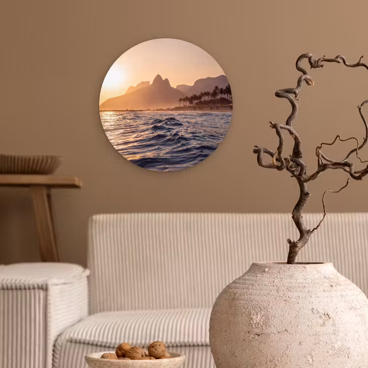 Zee - Golven - Zonsondergang - Kust - Goud Wandcirkel kunststof plaat 5mm dik klein -sfeer1