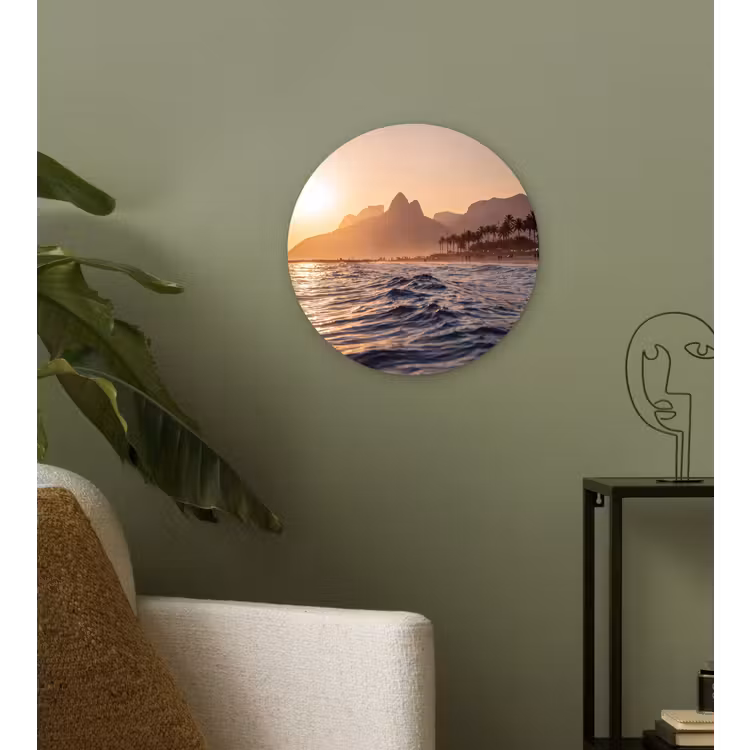 Zee - Golven - Zonsondergang - Kust - Goud Wandcirkel kunststof plaat 5mm dik klein -sfeer3