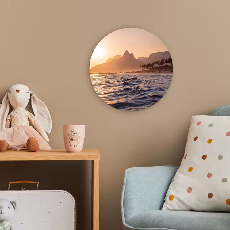 Zee - Golven - Zonsondergang - Kust - Goud Wandcirkel kunststof plaat 5mm dik klein -tsfeer1_kind