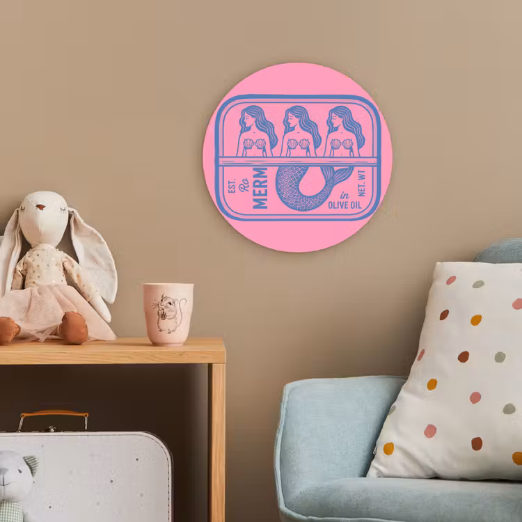 Meermin - Sardineblik - Illustratie - Roze - Retro Wandcirkel kunststof plaat 5mm dik klein -tsfeer1_kind