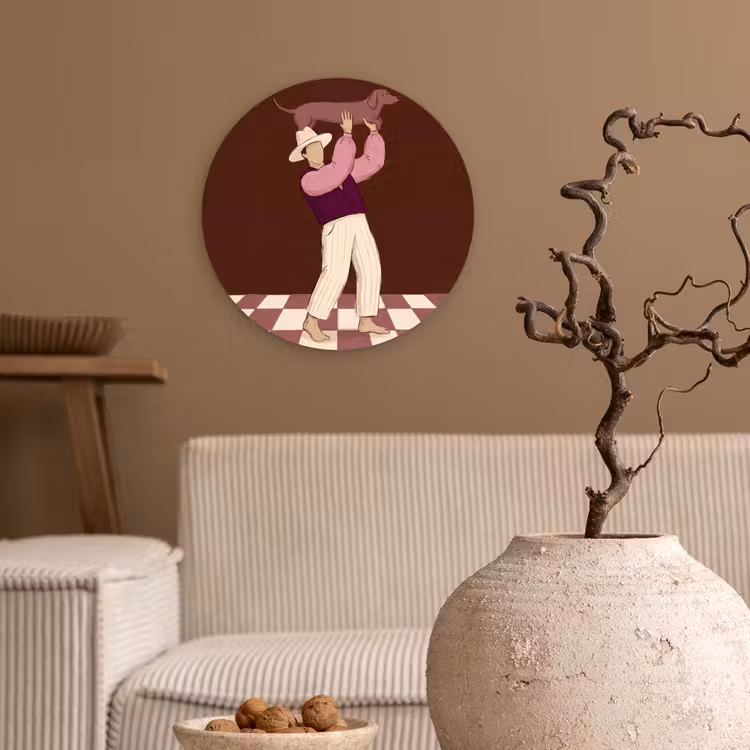Mens - Hond - Dieren - Abstract - Roze Wandcirkel kunststof plaat 5mm dik klein -sfeer1