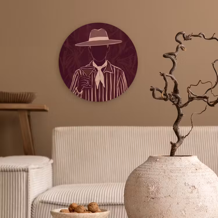 Mens - Hoed - Cocktail - Abstract - Bruin Wandcirkel kunststof plaat 5mm dik klein -sfeer1