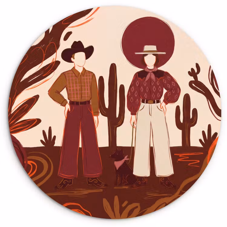 Mensen - Cowboykleding - Westerse stijl - Illustratie - Bruin Wandcirkel kunststof plaat 5mm dik klein -3d