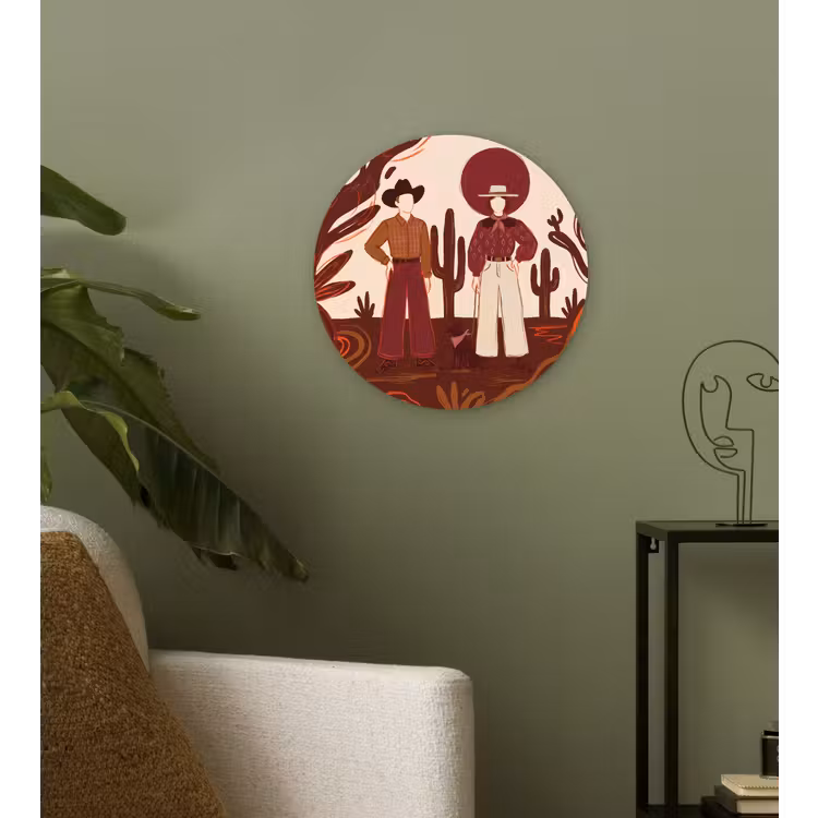 Mensen - Cowboykleding - Westerse stijl - Illustratie - Bruin Wandcirkel kunststof plaat 5mm dik klein -sfeer3